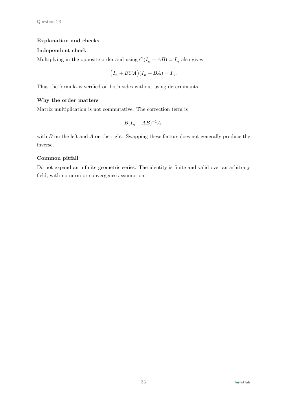 NBHM Combined 2026 Worked Solutions, preview page 4 of 6: Question 23 continuation verifying the matrix identity from both sides and explaining why factor order matters.