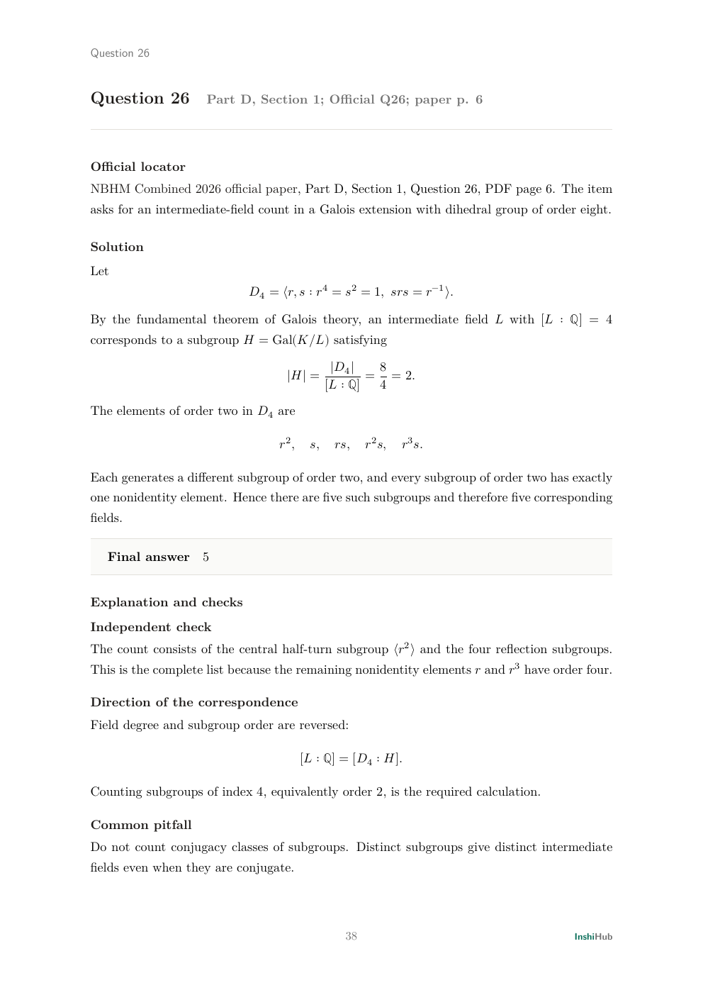 NBHM Combined 2026 Worked Solutions, preview page 5 of 6: Question 26 solution counting degree-four intermediate fields through the order-two subgroups of the dihedral Galois group D4.