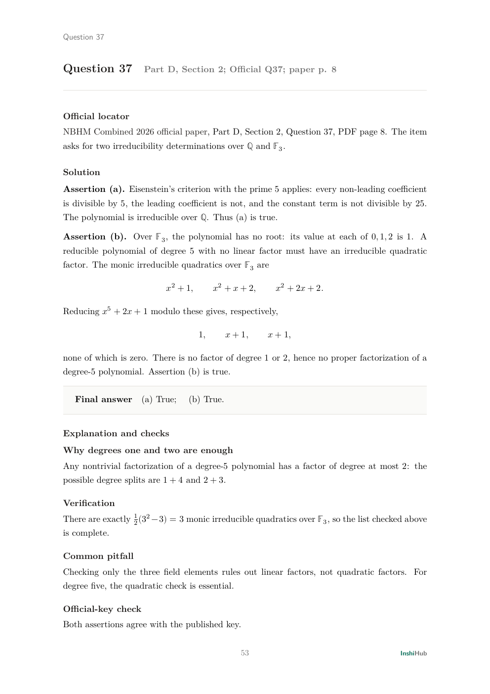 NBHM Combined 2026 Worked Solutions, preview page 6 of 6: Question 37 solution applying Eisenstein's criterion over the rationals and testing irreducible quadratic factors over the field with three elements.