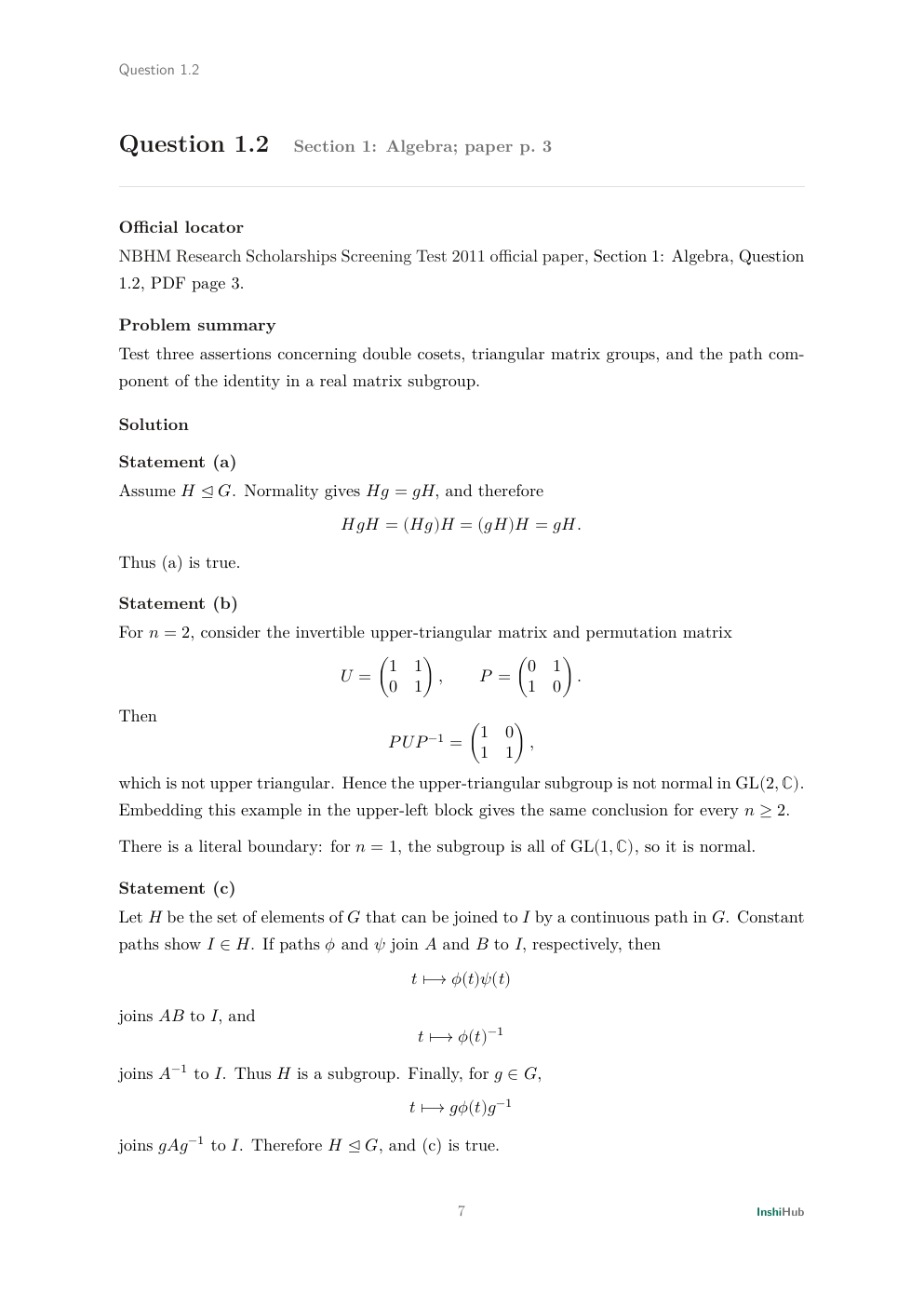 NBHM Doctoral 2011 Worked Solutions, preview page 1 of 6: Question 1.2 solution proving the normal-subgroup claims and isolating the dimension-one triangular-group boundary.