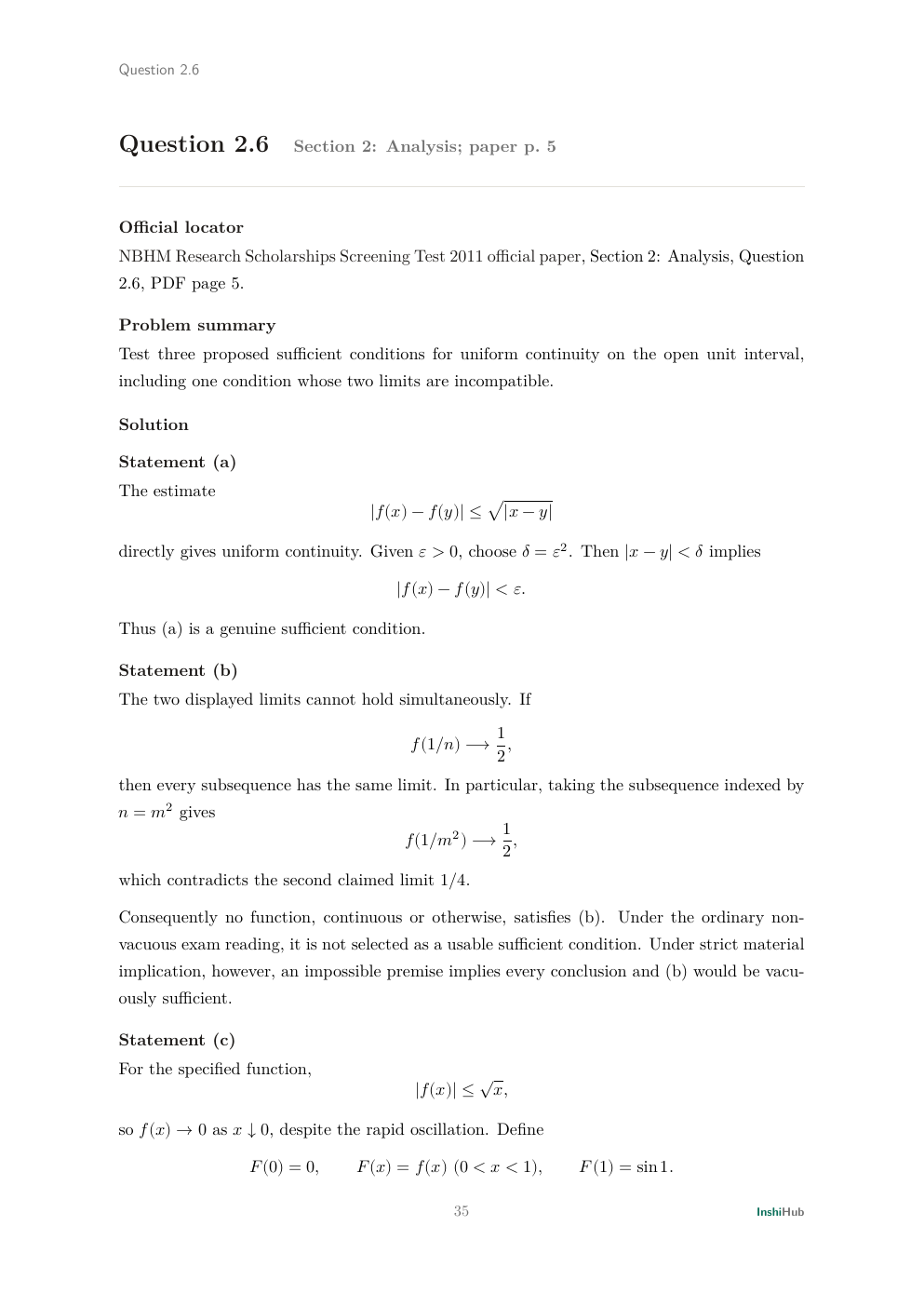 NBHM Doctoral 2011 Worked Solutions, preview page 2 of 6: Question 2.6 solution separating realizable uniform-continuity conditions from an impossible subsequence premise.
