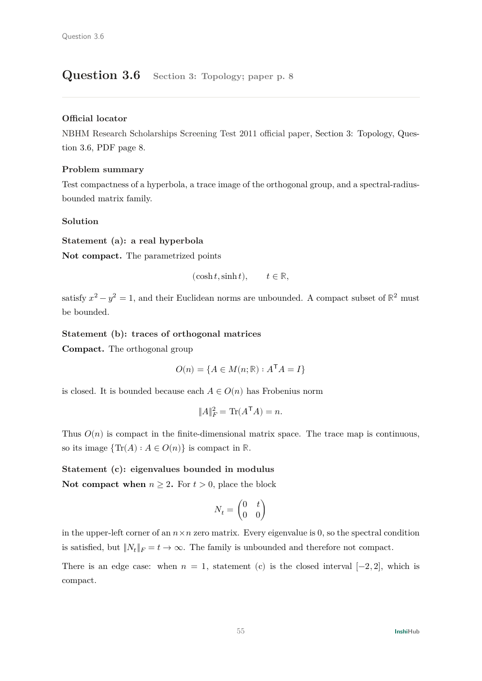 NBHM Doctoral 2011 Worked Solutions, preview page 3 of 6: Question 3.6 solution testing compactness by boundedness, continuous images, and a nonnormal nilpotent family.