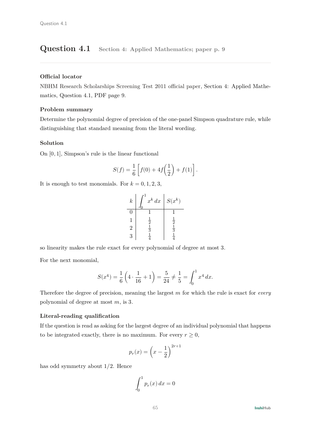 NBHM Doctoral 2011 Worked Solutions, preview page 4 of 6: Question 4.1 solution deriving Simpson's degree of precision and distinguishing the literal individual-polynomial reading.