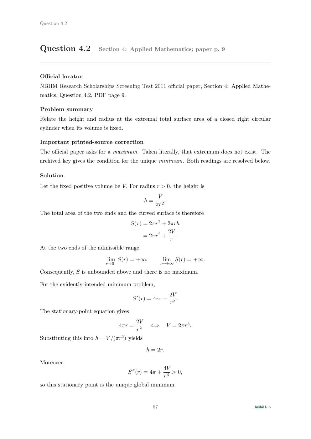NBHM Doctoral 2011 Worked Solutions, preview page 5 of 6: Question 4.2 solution proving that the printed maximum does not exist and deriving the intended unique minimum.