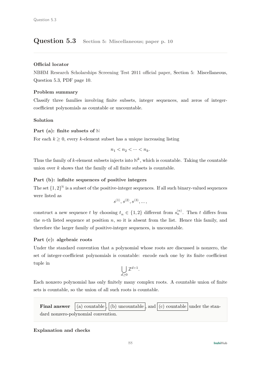 NBHM Doctoral 2011 Worked Solutions, preview page 6 of 6: Question 5.3 solution classifying three families and exposing the necessary nonzero-polynomial convention.