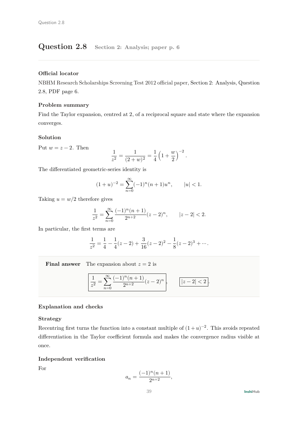 NBHM Doctoral 2012 Worked Solutions, preview page 2 of 6: Question 2.8 solution deriving the exact Taylor disc and proving divergence at every boundary point.