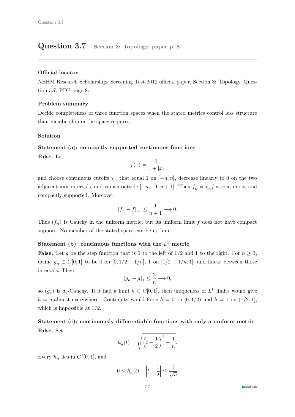 NBHM Doctoral 2012 Worked Solutions, preview page 3 of 6: Question 3.7 solution constructing counterexamples to completeness in three normed function spaces.