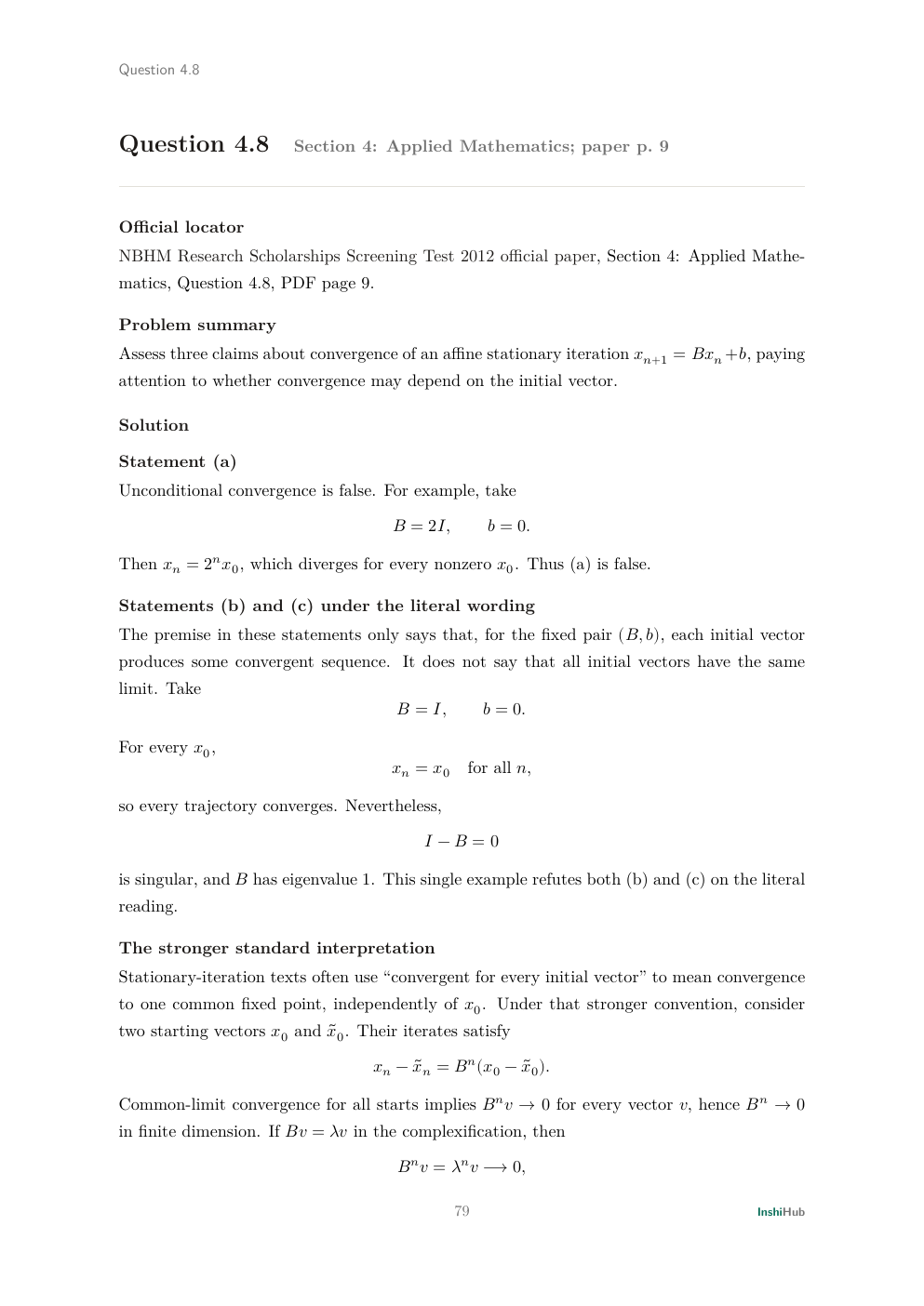 NBHM Doctoral 2012 Worked Solutions, preview page 4 of 6: Question 4.8 solution separating the literal affine-iteration wording from the stronger common-limit interpretation.