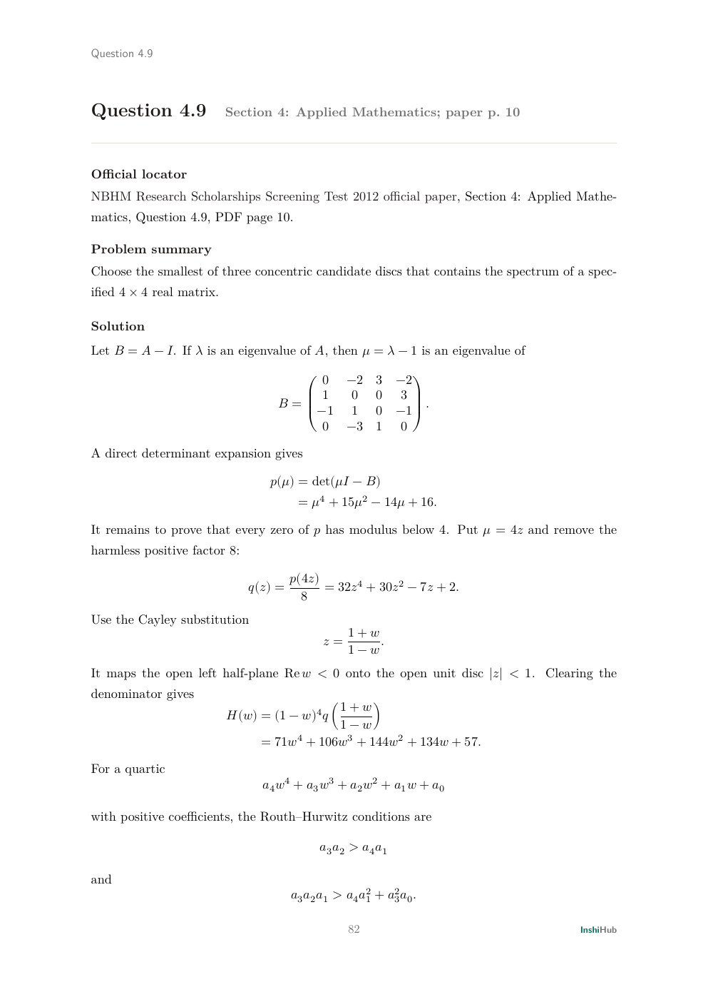 NBHM Doctoral 2012 Worked Solutions, preview page 5 of 6: Question 4.9 solution proving the radius-4 spectral disc and documenting the archived key's looser Gershgorin bound.