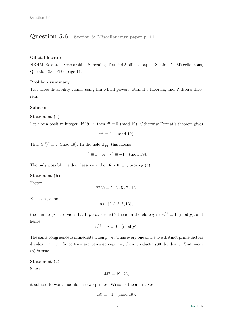 NBHM Doctoral 2012 Worked Solutions, preview page 6 of 6: Question 5.6 solution proving three divisibility statements with Fermat's and Wilson's theorems.