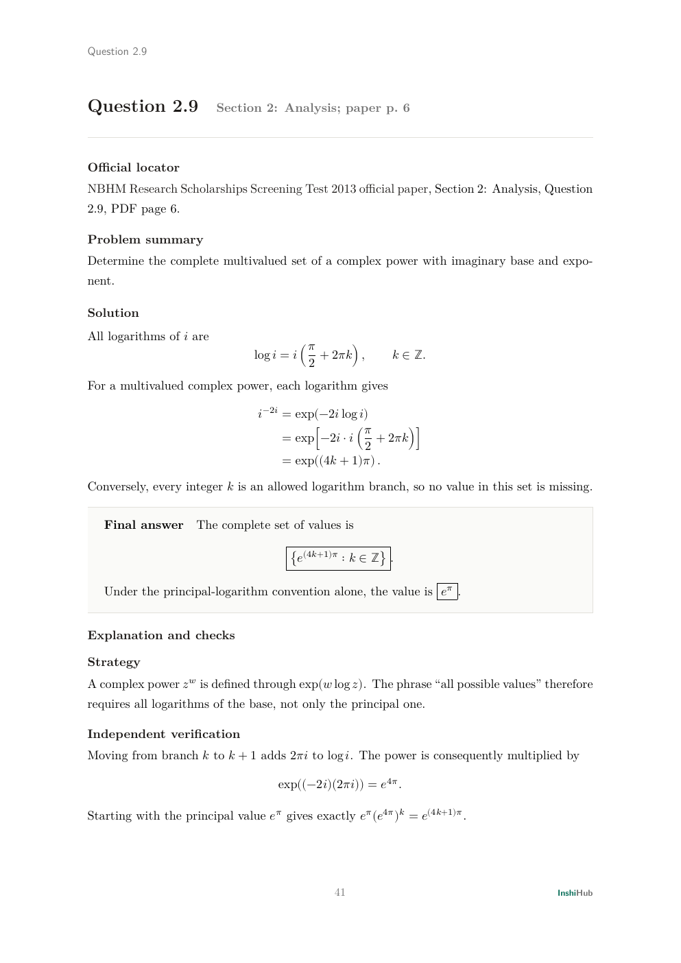 NBHM Doctoral 2013 Worked Solutions, preview page 2 of 6: Question 2.9 solution enumerating complex-exponential values under the multivalued logarithm convention.