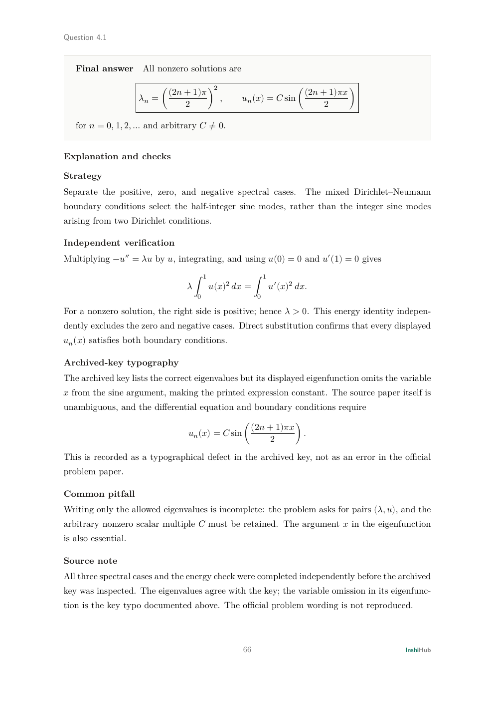 NBHM Doctoral 2013 Worked Solutions, preview page 4 of 6: Question 4.1 solution deriving the mixed-boundary eigenfunctions and documenting the archived key's missing variable.