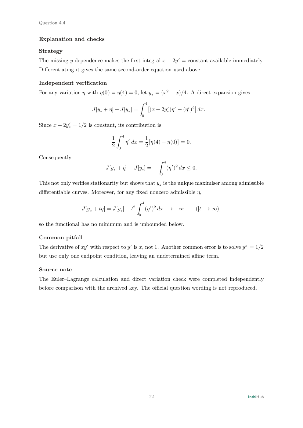 NBHM Doctoral 2013 Worked Solutions, preview page 5 of 6: Question 4.4 solution proving the stationary curve is the unique strict maximiser and that the functional is unbounded below.