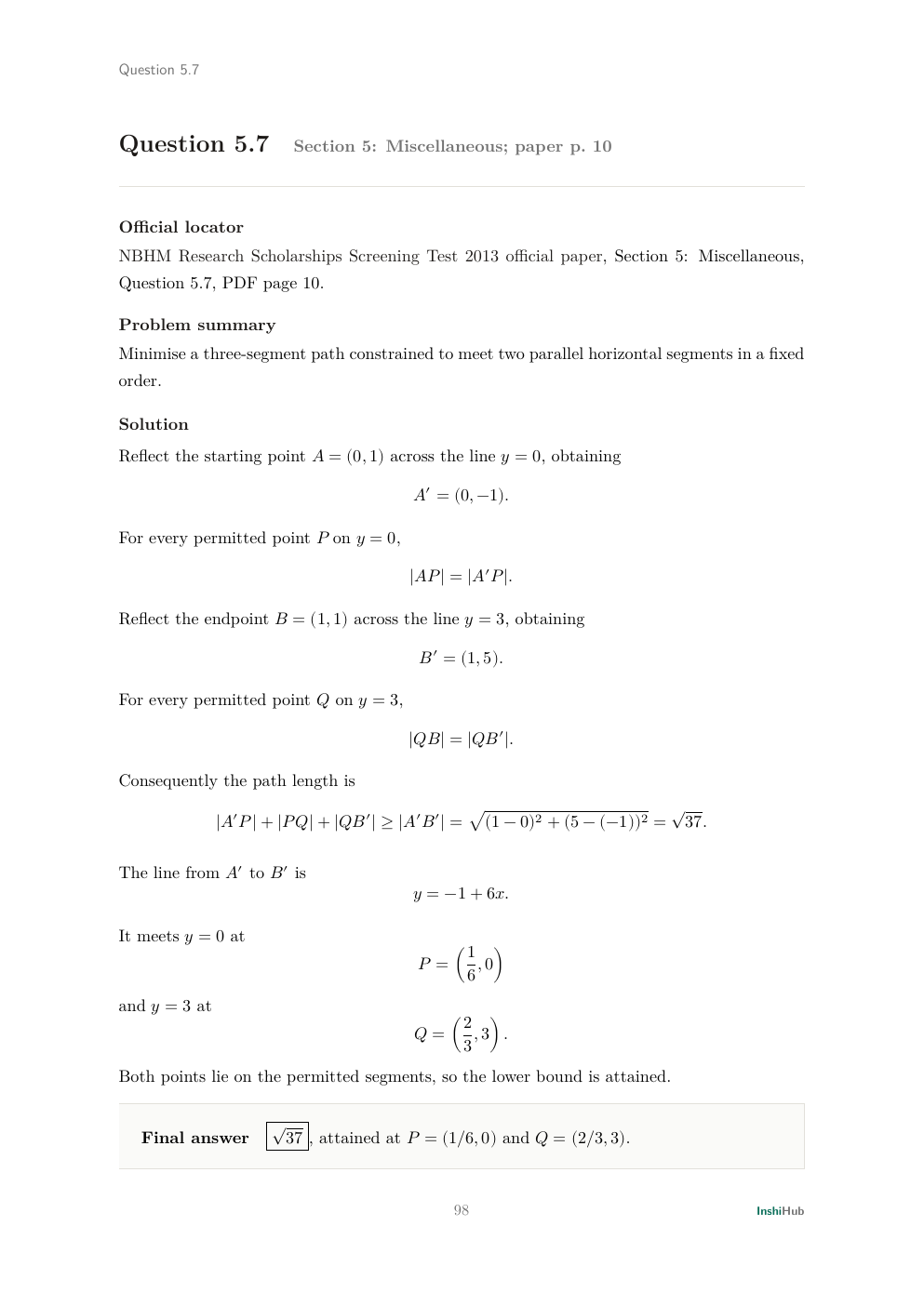 NBHM Doctoral 2013 Worked Solutions, preview page 6 of 6: Question 5.7 solution unfolding a constrained broken path by reflection and checking segment feasibility.