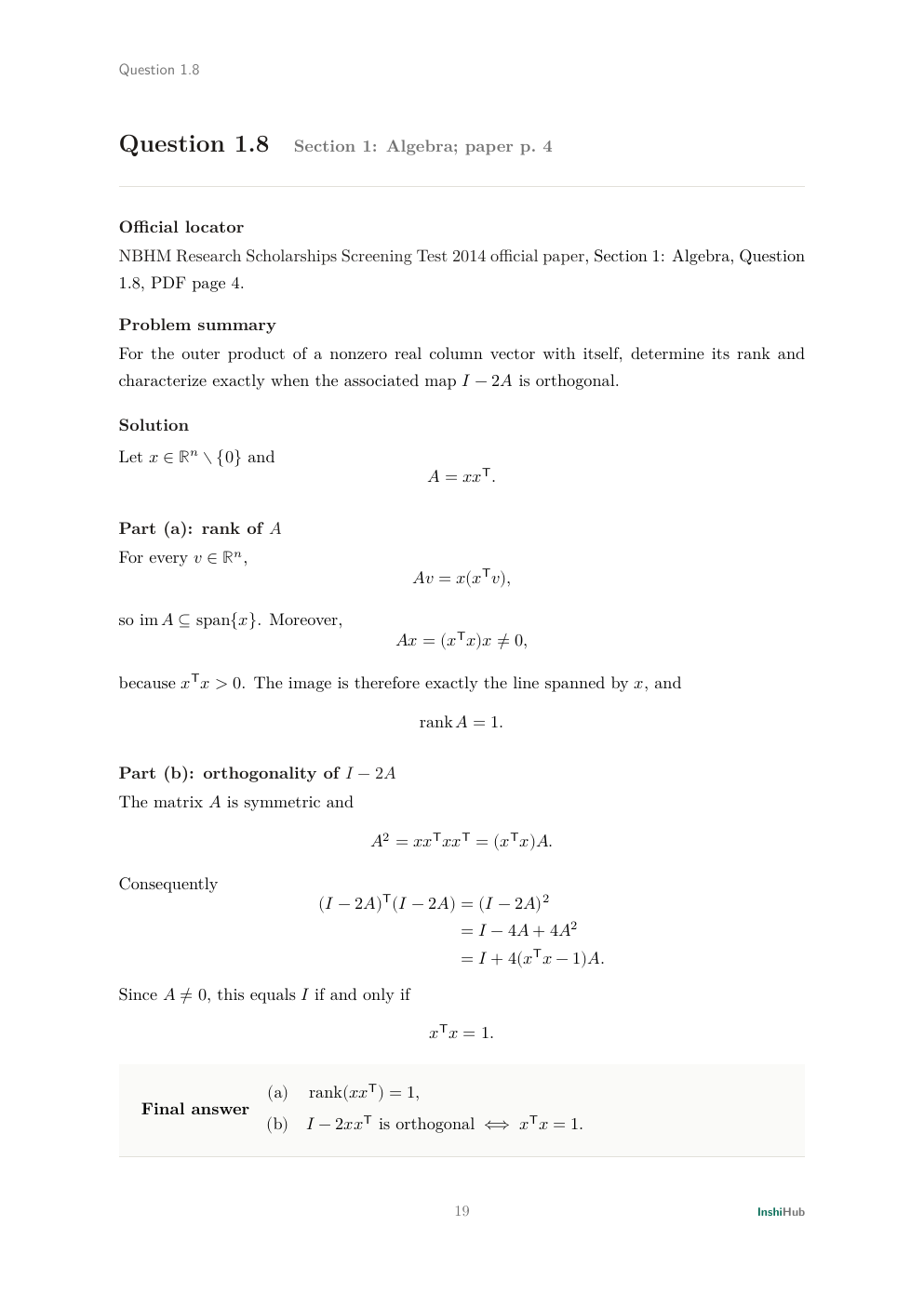 NBHM Doctoral 2014 Worked Solutions, preview page 1 of 6: Question 1.8 solution proving rank one for a nonzero outer product and deriving the exact unit-norm condition for a Householder-type orthogonal map.