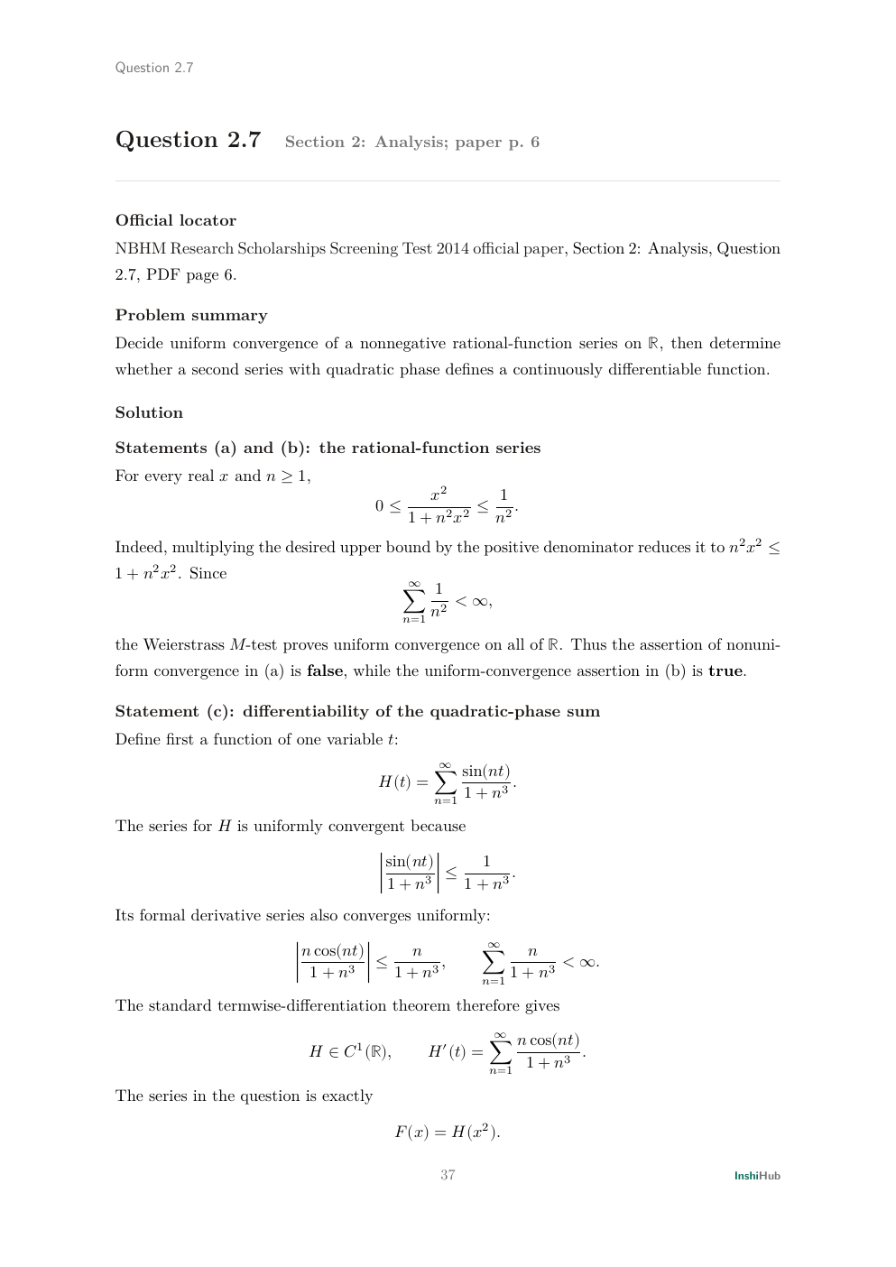 NBHM Doctoral 2014 Worked Solutions, preview page 2 of 6: Question 2.7 solution proving uniform convergence and continuous differentiability through a phase reparameterisation.
