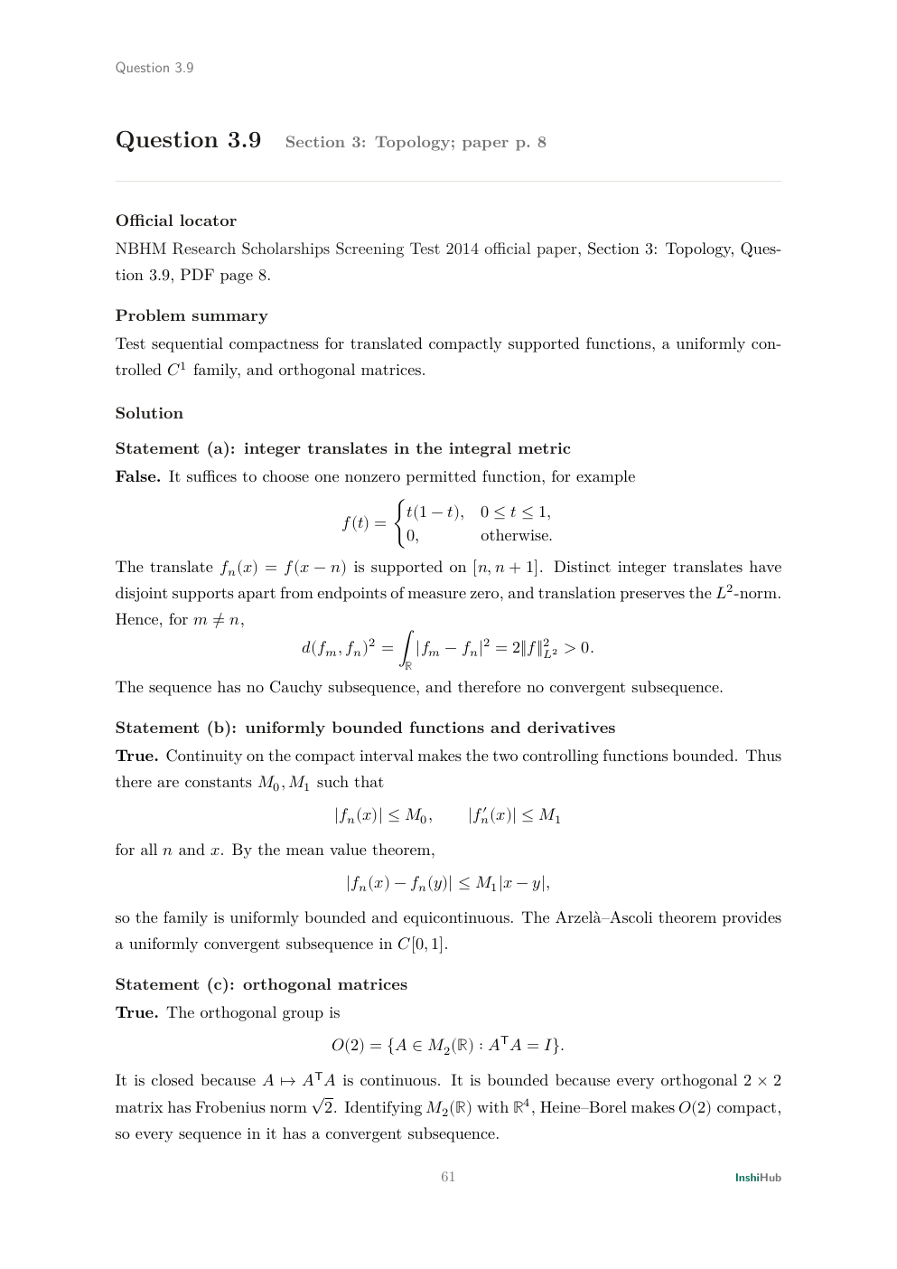 NBHM Doctoral 2014 Worked Solutions, preview page 3 of 6: Question 3.9 solution separating noncompact translates from Arzela-Ascoli and finite-dimensional compactness arguments.