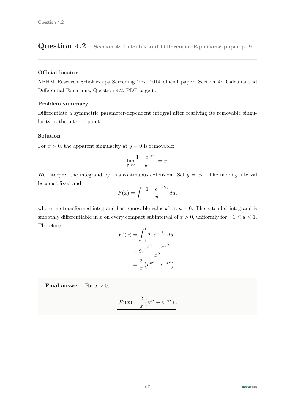 NBHM Doctoral 2014 Worked Solutions, preview page 4 of 6: Question 4.2 solution resolving a removable singularity before differentiating a fixed-domain parameter integral.
