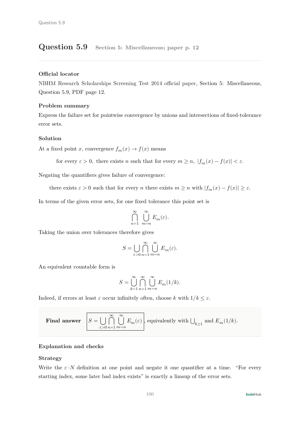 NBHM Doctoral 2014 Worked Solutions, preview page 6 of 6: Question 5.9 solution translating failed pointwise convergence into a limsup of fixed-tolerance error sets.