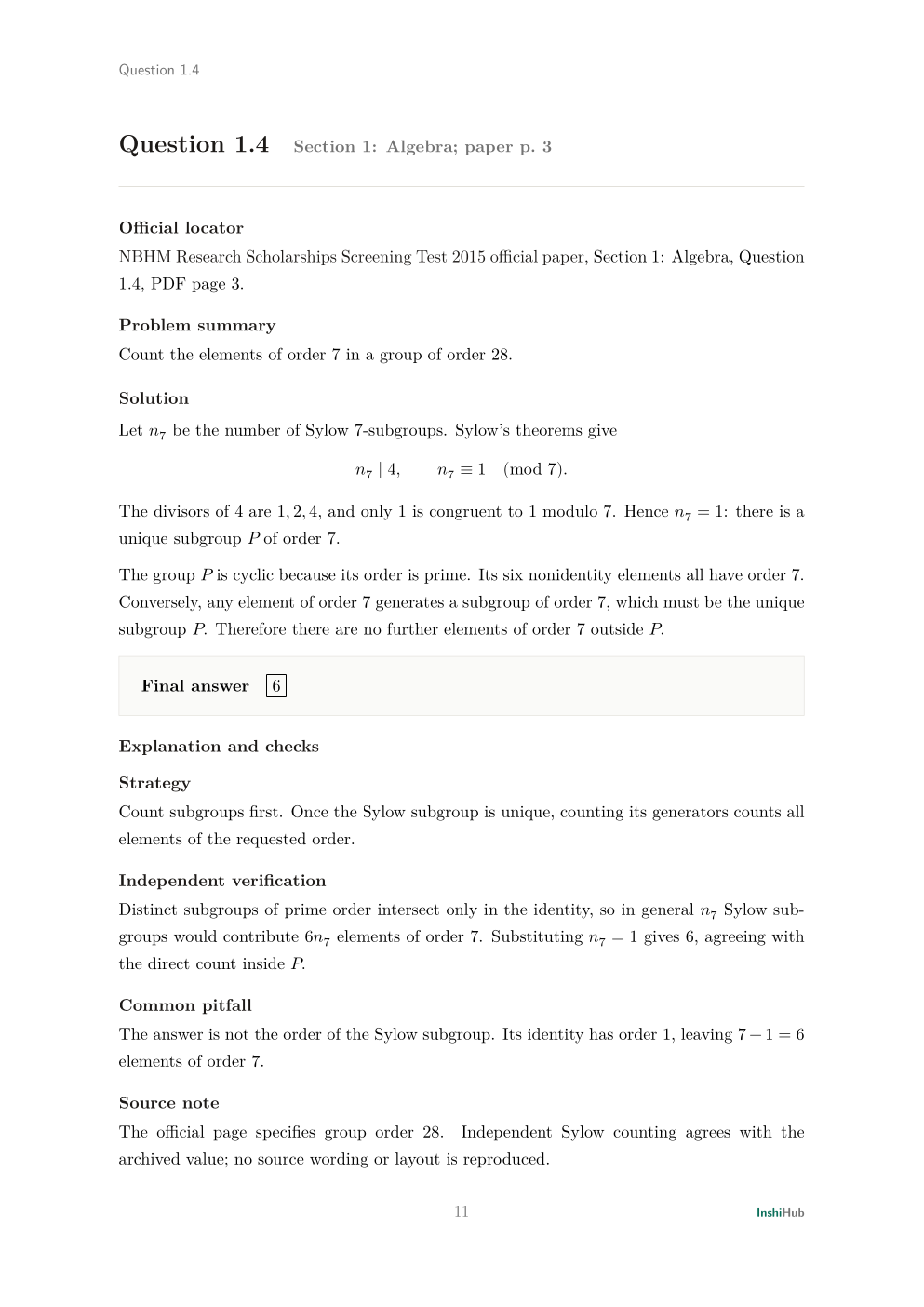 NBHM Doctoral 2015 Worked Solutions, preview page 1 of 6: Question 1.4 solution forcing a unique Sylow seven-subgroup and counting its six nonidentity elements.