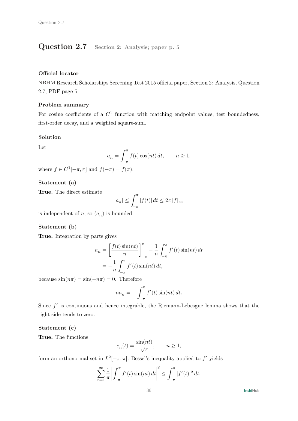 NBHM Doctoral 2015 Worked Solutions, preview page 2 of 6: Question 2.7 solution combining integration by parts, Riemann-Lebesgue decay, and a square-summability estimate.
