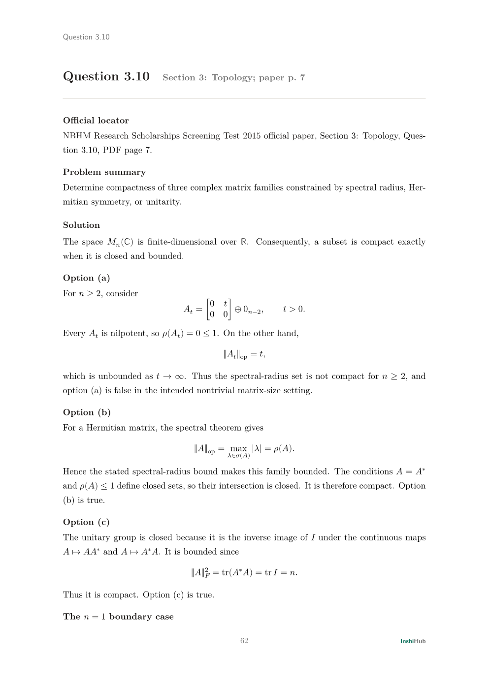 NBHM Doctoral 2015 Worked Solutions, preview page 3 of 6: Question 3.10 solution separating general nonnormal matrices from Hermitian and unitary families, with the n=1 boundary explicit.