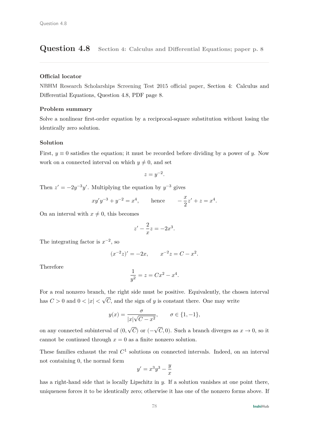 NBHM Doctoral 2015 Worked Solutions, preview page 4 of 6: Question 4.8 solution preserving the zero solution before deriving and restricting the reciprocal-square family.