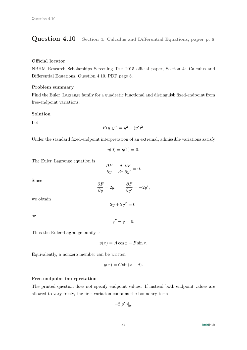 NBHM Doctoral 2015 Worked Solutions, preview page 5 of 6: Question 4.10 solution deriving the Euler-Lagrange family and distinguishing fixed from free endpoint conventions.
