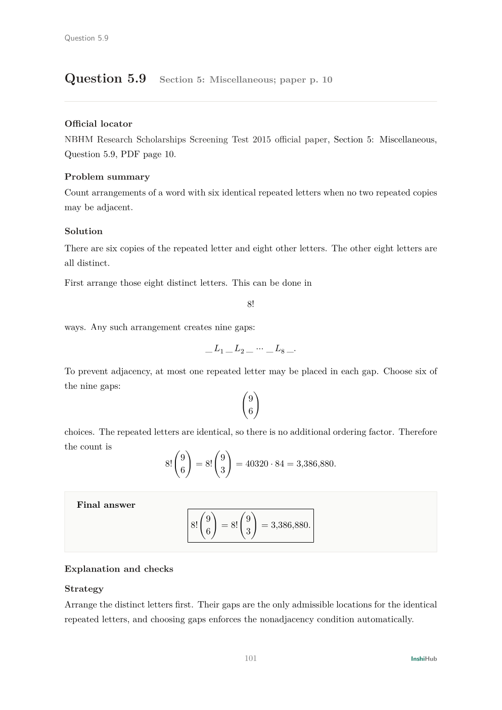 NBHM Doctoral 2015 Worked Solutions, preview page 6 of 6: Question 5.9 solution arranging distinct letters around repeated copies through a gap-selection count.