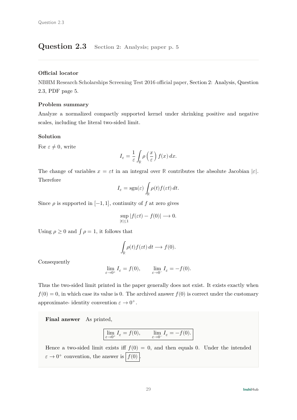 NBHM Doctoral 2016 Worked Solutions, preview page 2 of 6: Question 2.3 solution separating the two one-sided scale limits and the customary positive approximate-identity convention.