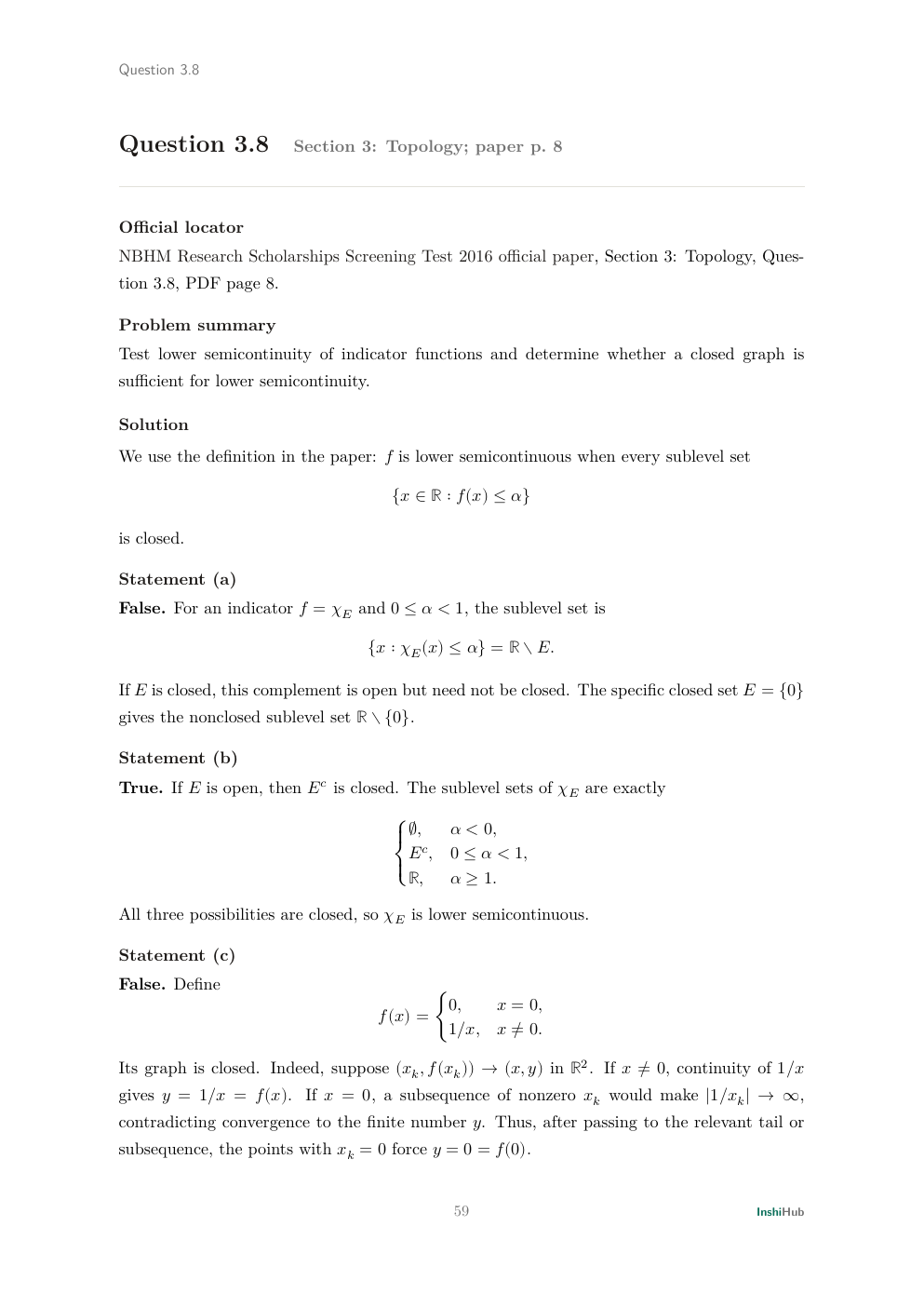 NBHM Doctoral 2016 Worked Solutions, preview page 3 of 6: Question 3.8 solution testing indicator sublevels and giving a closed-graph counterexample to lower semicontinuity.