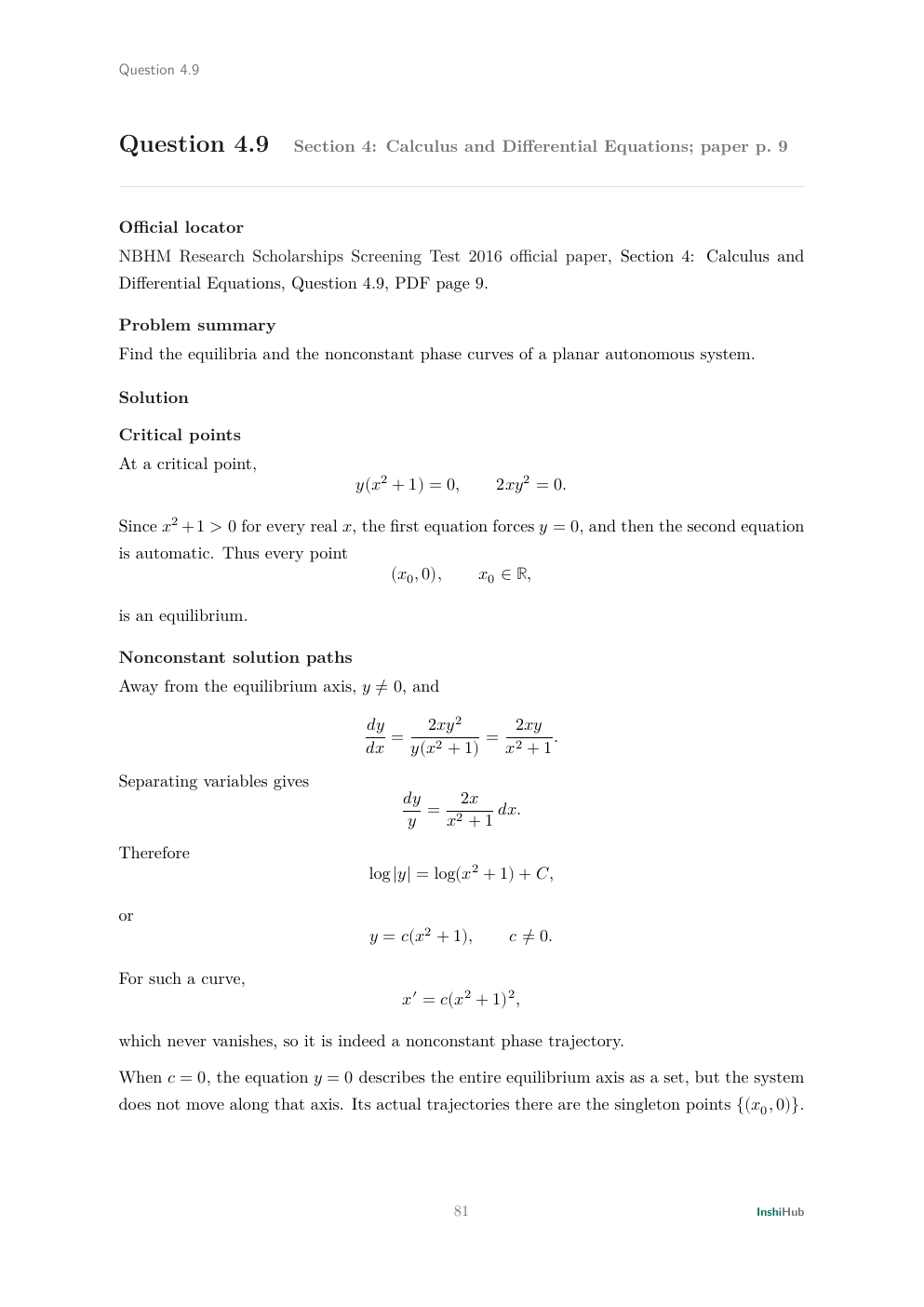 NBHM Doctoral 2016 Worked Solutions, preview page 4 of 6: Question 4.9 solution distinguishing nonzero phase curves from singleton equilibrium trajectories on the x-axis.