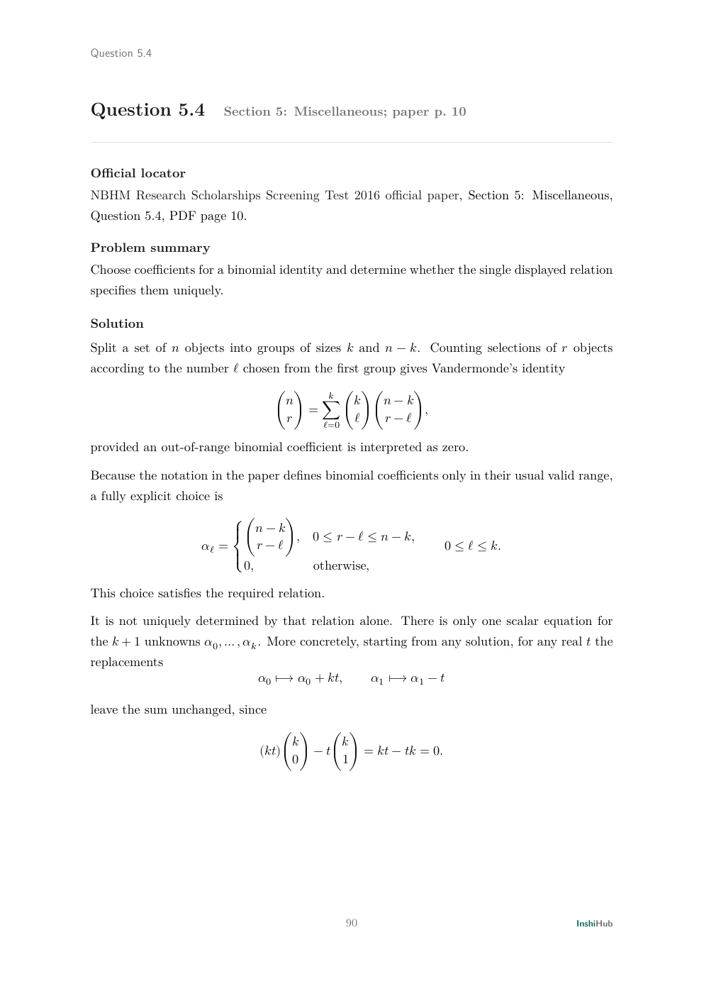 NBHM Doctoral 2016 Worked Solutions, preview page 5 of 6: Question 5.4 solution deriving a natural Vandermonde choice, its zero-extension convention, and its nonuniqueness.