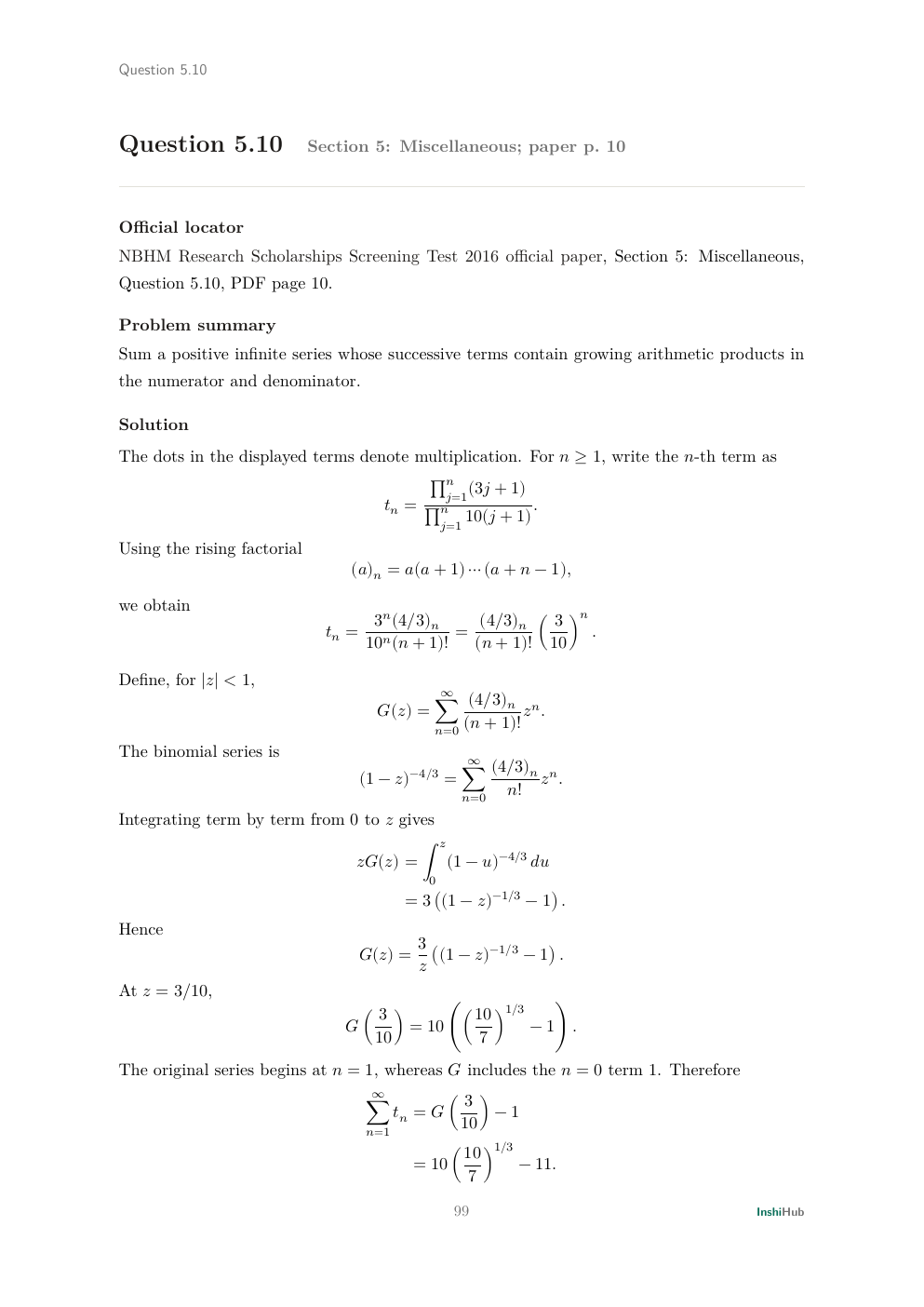 NBHM Doctoral 2016 Worked Solutions, preview page 6 of 6: Question 5.10 solution converting growing products to a rising factorial and an integrated binomial series.