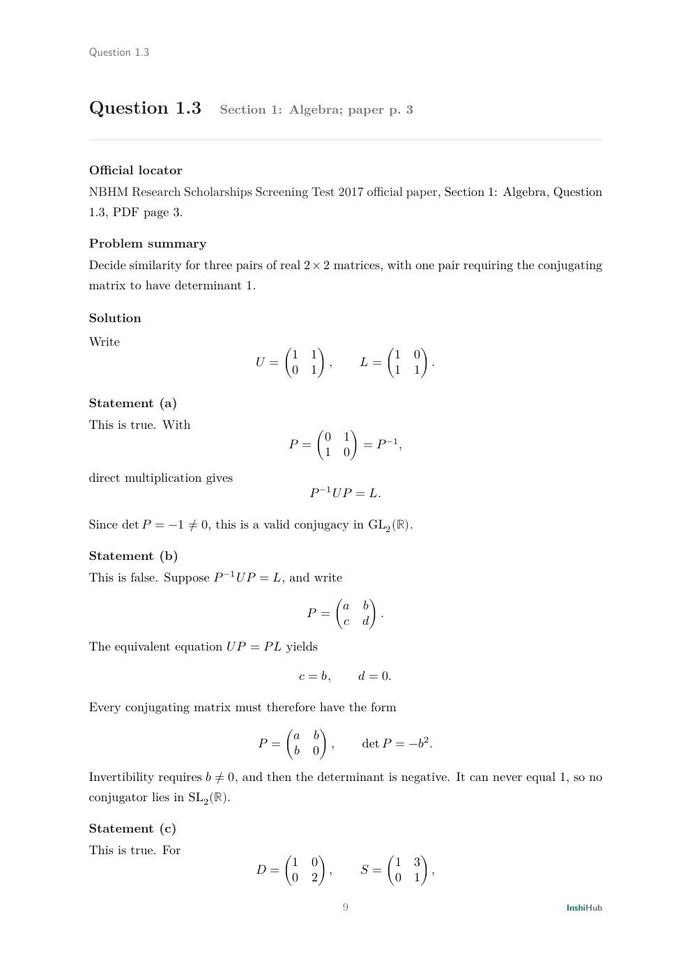 NBHM Doctoral 2017 Worked Solutions, preview page 1 of 6: Question 1.3 solution distinguishing ordinary similarity from determinant-one conjugacy by solving the full intertwining equation.