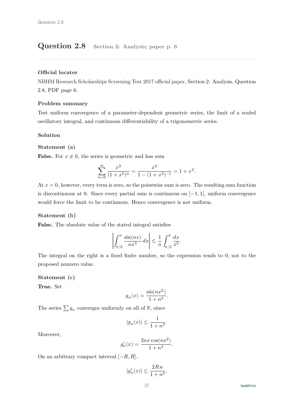 NBHM Doctoral 2017 Worked Solutions, preview page 2 of 6: Question 2.8 solution separating a discontinuous pointwise geometric sum, an oscillatory integral bound, and locally uniform derivative convergence.