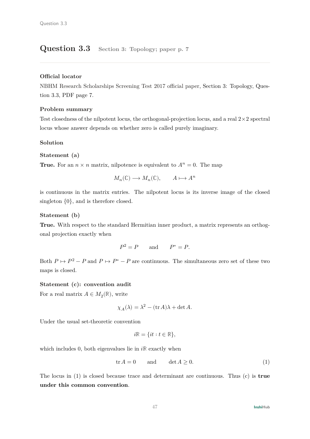 NBHM Doctoral 2017 Worked Solutions, preview page 3 of 6: Question 3.3 solution auditing closed matrix loci under the two conventions for whether zero is purely imaginary.