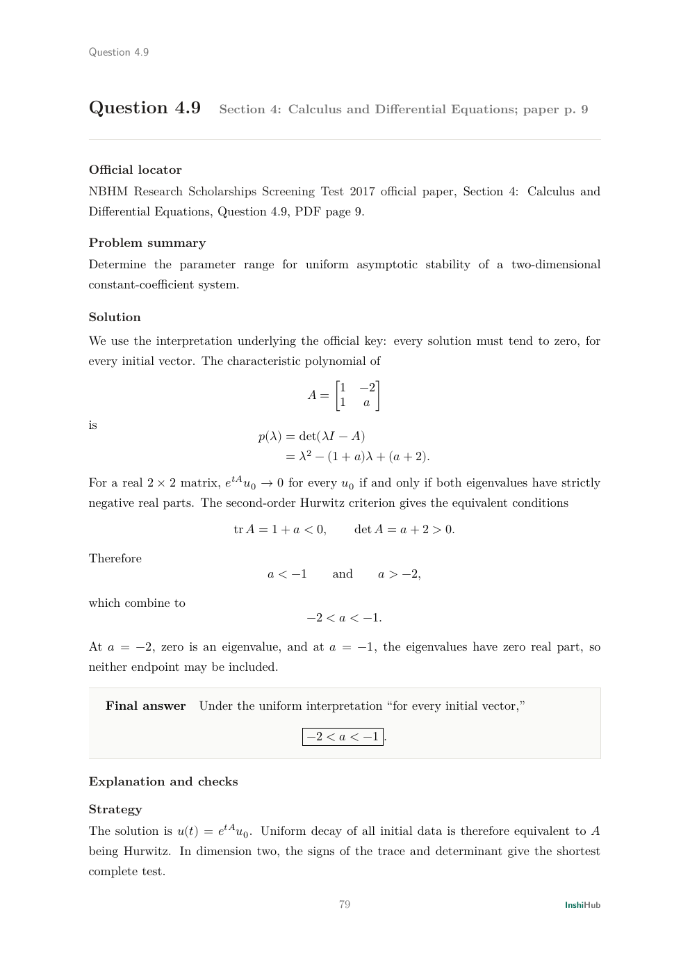 NBHM Doctoral 2017 Worked Solutions, preview page 4 of 6: Question 4.9 solution deriving the Hurwitz interval and separating universal decay from fixed-initial-vector exceptions.