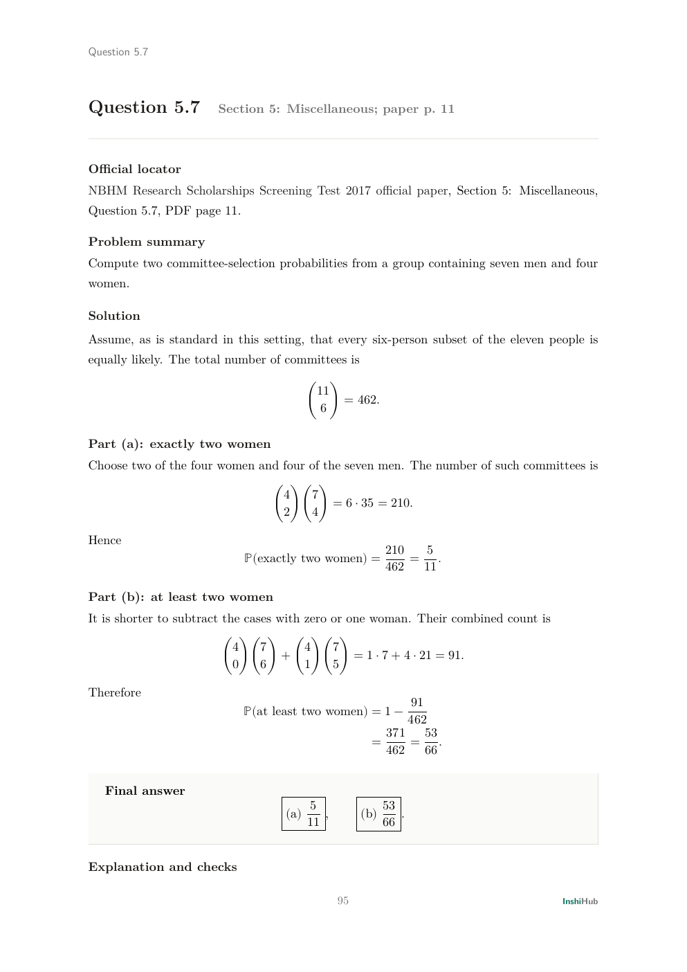 NBHM Doctoral 2017 Worked Solutions, preview page 5 of 6: Question 5.7 solution computing both committee probabilities under an explicit uniform-selection model.