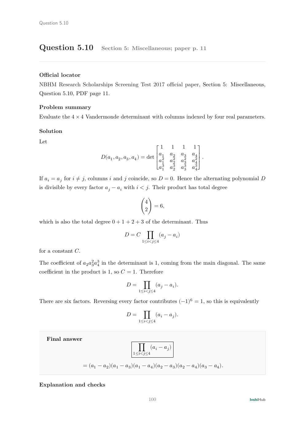 NBHM Doctoral 2017 Worked Solutions, preview page 6 of 6: Question 5.10 solution deriving the four-variable Vandermonde determinant and checking the six-factor sign.