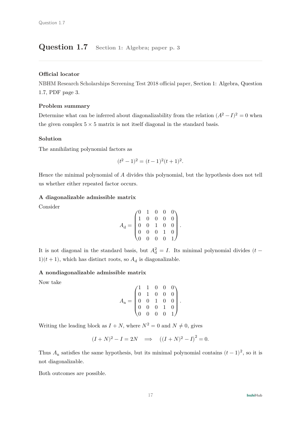 NBHM Doctoral 2018 Worked Solutions, preview page 1 of 6: Question 1.7 solution separating diagonal form from diagonalizability with two explicit matrices.