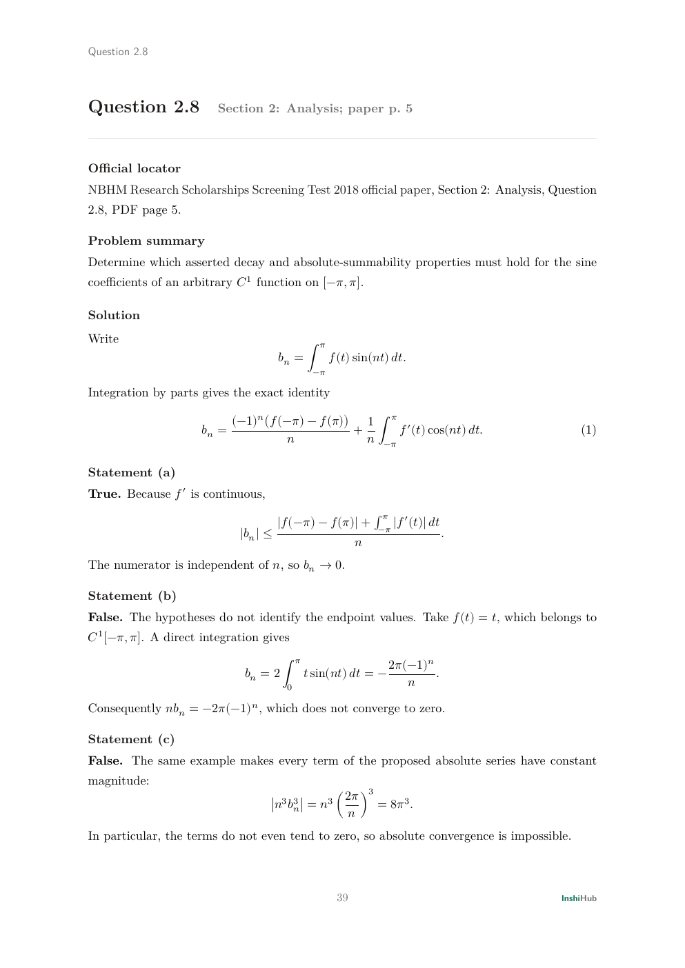 NBHM Doctoral 2018 Worked Solutions, preview page 2 of 6: Question 2.8 solution exposing the Fourier endpoint term and a counterexample to two stronger claims.