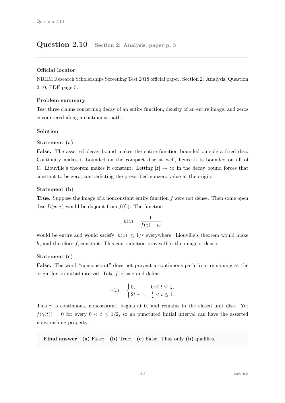 NBHM Doctoral 2018 Worked Solutions, preview page 3 of 6: Question 2.10 solution applying Liouville's theorem and testing a continuous path against an initial zero interval.