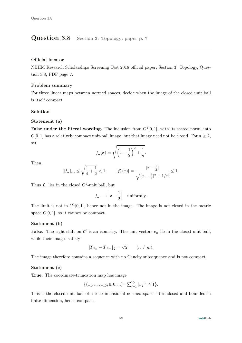NBHM Doctoral 2018 Worked Solutions, preview page 4 of 6: Question 3.8 solution separating compactness from relative compactness with a smooth approximation sequence.