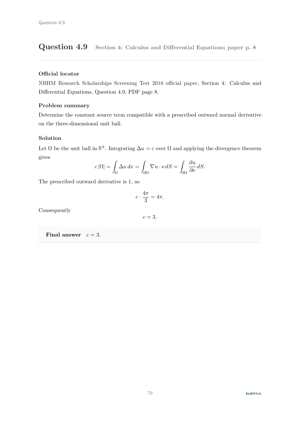 NBHM Doctoral 2018 Worked Solutions, preview page 5 of 6: Question 4.9 solution deriving the Neumann compatibility constant by total outward flux.