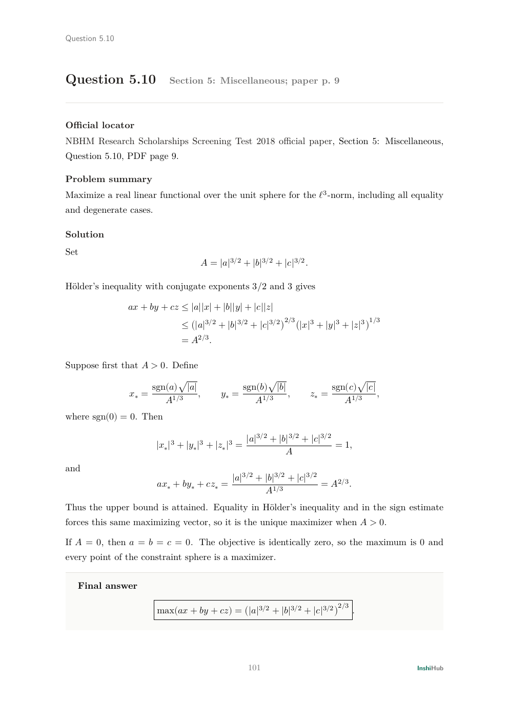NBHM Doctoral 2018 Worked Solutions, preview page 6 of 6: Question 5.10 solution obtaining a sharp dual-norm maximum and every equality case.