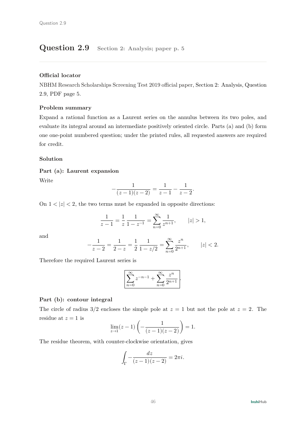 NBHM Doctoral 2019 Worked Solutions, preview page 2 of 6: Question 2.9 solution deriving an annular Laurent series and its contour integral.