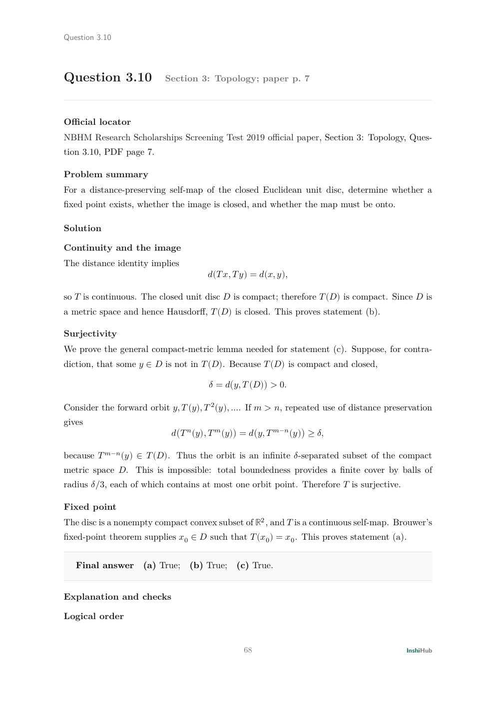 NBHM Doctoral 2019 Worked Solutions, preview page 3 of 6: Question 3.10 solution proving closed image, surjectivity, and a fixed point for a disc isometry.