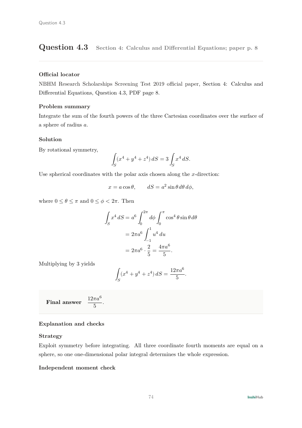 NBHM Doctoral 2019 Worked Solutions, preview page 4 of 6: Question 4.3 solution reducing a spherical fourth-moment surface integral by symmetry.