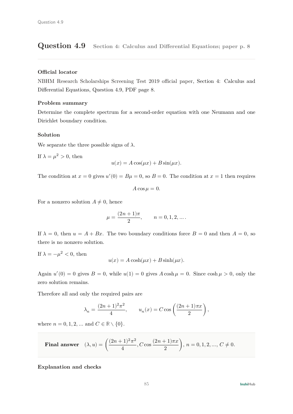 NBHM Doctoral 2019 Worked Solutions, preview page 5 of 6: Question 4.9 solution classifying the full mixed-boundary eigenfunction family.